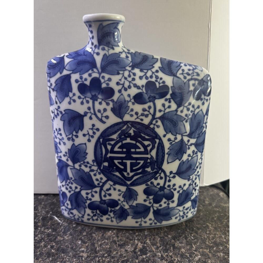 Vintage Blue White Floral Porcelain Flat Vase Asian Chinoiserie Decor- Unique